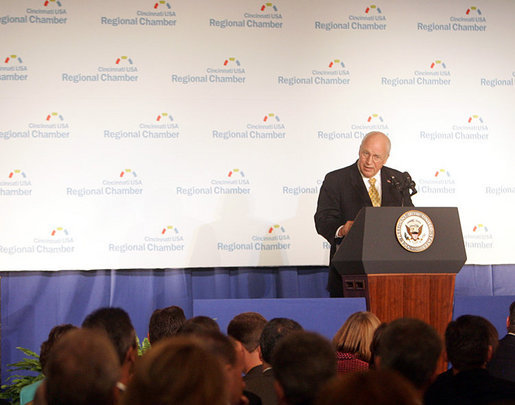 Vice President Dick Cheney delivers remarks on the economy and global war on terror to business leaders attending the 2006 Election Forum of the Cincinnati USA Regional Chamber of Commerce, Wednesday, October 25, 2006 in Cincinnati, Ohio. The Chamber is the fifth largest in the nation and extends service to Southwest Ohio, Northern Kentucky and Southeastern Indiana. White House photo by David Bohrer