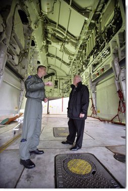 Vice President Dick Cheney stands in the bomb bay of a B-2 Stealth bomber with Lt. Col. Bill Eldridge, left, during a tour at Whiteman Air Force Base, Missouri, Friday, October 27, 2006. White House photo by David Bohrer