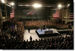 Vice President Dick Cheney delivers remarks, Friday, October 27, 2006, during a rally for the troops at Whiteman Air Force Base, Missouri, home of the 509th Bomber Wing and the B-2 Stealth Bomber. "There's no way I could overstate how impressed I am with your work, or how much it means to your country and to the cause of freedom," the Vice President said. "To be with you, and to know all that you do each and every day, makes me even prouder to be an American."  White House photo by David Bohrer