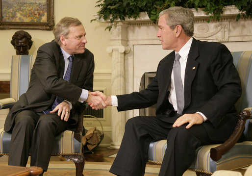 President George W. Bush welcomes NATO Secretary-General Jaap de Hoop Scheffer to the Oval Office Friday, Oct. 27, 2006. White House photo by Kimberlee Hewitt