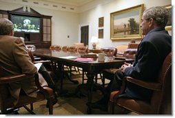 In a video teleconference between the White House and Baghdad, President George W. Bush talks with Iraqi Prime Minister Nouri al-Maliki Saturday, Oct. 28, 2006.  White House photo by Kimberlee Hewitt