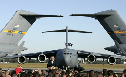 President George W. Bush address military personnel and their families at Charleston Air Force Base in Charleston, South Carolina on Saturday, October 28, 2006. White House photo by Paul Morse