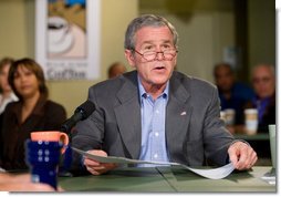 President George W. Bush delivers a live Radio Address from the Mile High Coffee shop in Englewood, Colorado, Saturday, Nov. 4, 2006. White House photo by Eric Draper