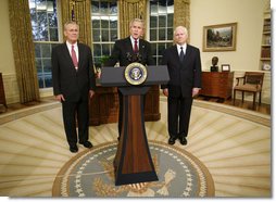 Flanked by Secretary of Defense Donald Rumsfeld, left, and Dr. Robert Gates, President George W. Bush announces the resignation of Secretary Rumsfeld Wednesday, Nov. 8, 2006, and the intention to nominate Dr. Gates as his successor. White House photo by Paul Morse