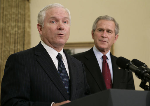 Dr. Robert Gates speaks to the media in the Oval Office Wednesday, Nov. 8, 2006. With more than 25 years of national security experience, Dr. Gates was announced as President Bush's intended successor to Donald Rumsfeld as Secretary of Defense. White House photo by Paul Morse