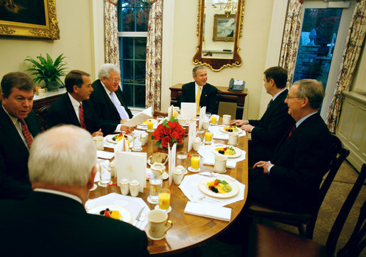 President George W. Bush shares breakfast with the Bicameral Republican Leadership Thursday morning, Nov. 9, 2006, at the White House. With the President, to his right (clockwise) are: Sen. Bill Frist, R-Tenn; Mitch McConnell, R-Ky; Vice President Dick Cheney, Missouri Rep. Roy Blunt, Ohio Rep. John Boehner and House Speaker Dennis Hastert of Illinois. White House photo by Paul Morse