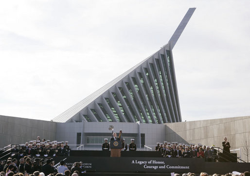 President George W. Bush addresses invited guests at the dedication ceremony of the National Museum of the Marine Corps Friday, Nov. 10, 2006, in Quantico, Va., marking the 231st anniversary of the Marine Corps. White House photo by Paul Morse