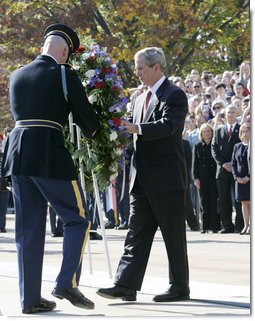 President George W. Bush lays a wreath at the Tomb of the Unknowns during Veteran’s Day ceremonies Saturday, Nov. 11, 2006, at Arlington National Cemetery in Arlington, Va. White House photo by Kimberlee Hewitt