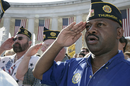 Veterans from the American Legion Post Thurmont, Md., salute during Veteran’s Day ceremonies Saturday, Nov. 11, 2006, at Arlington National Cemetery in Arlington, Va., where President George W. Bush lay a wreath at the Tomb of the Unknowns, and addressed veterans, their family members and guests. White House photo by Kimberlee Hewitt