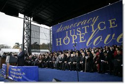 President George W. Bush delivers his remarks at the groundbreaking ceremony Monday, Nov. 13, 2006, for the Martin Luther King Jr. National Memorial on the National Mall in Washington, D.C. President Bush said “The King Memorial will be a fitting tribute, powerful and hopeful and poetic, like the man it honors.” White House photo by Eric Draper