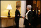 Mrs. Laura Bush welcomes Aliza Olmert, well-known artist and wife of Israeli Prime Minister Ehud Olmert, to the family residence at the White House for lunch Monday, Nov. 13, 2006. White House photo by Shealah Craighead