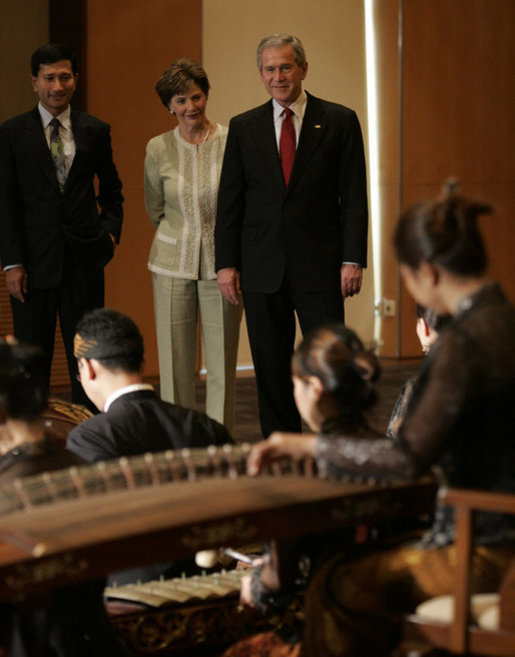 President George W. Bush and Mrs. Laura Bush are joined by Dr. Vivian Balakrishnan as they watch a traditional gamelan musical performance Thursday, Nov. 16, 2006, at the Asian Civilisations Museum in Singapore. White House photo by Paul Morse