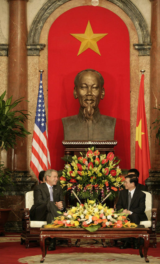 President George W. Bush and Viet President Nguyen Minh Triet meet in the Great Hall of the Presidential Palace in Hanoi Friday, Nov. 17, 2006. President Bush told his host, "I've been reading and studying about your country and I have seen now firsthand the great vibrancy and the excitement that's taking place in Vietnam." White House photo by Eric Draper