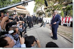 President George W. Bush addresses the media after he and Mrs. Laura Bush attended service at Cua Bac Church in Hanoi, Vietnam, Sunday, Nov. 19, 2006. White House photo by Shealah Craighead