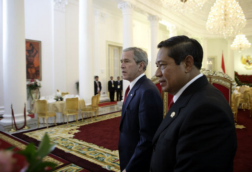 President George W. Bush and President Susilo Bambang Yudhoyono of Indonesia, walk to the podium for a joint press availability Monday, Nov. 20, 2006, at the Bogor Palace in Bogor, Indonesia. The Presidents reaffirmed the strength and vitality of their bilateral relationship, and recognized the special and enduring bonds between the two countries and their people. White House photo by Eric Draper