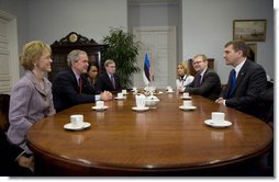 President George W. Bush is joined by U.S. Ambassador to Estonia Aldona Wos, left, Secretary of State Condoleezza Rice and National Security Advisor Stephen Hadley Tuesday, Nov. 28, 2006, as they meet with Prime Minister Andrus Ansip, right, at the Stenbock House in Tallinn, Estonia.  White House photo by Eric Draper