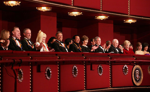 President George W. Bush and Laura Bush attend the Kennedy Center Honors Gala at the John F. Kennedy Center for the Performing Arts in Washington, D.C., Sunday, Dec. 3, 2006. Pictured with the first couple are Vice President Dick Cheney, Lynne Cheney and the honorees. From left, they are musical theater composer Andrew Lloyd Webber; film director Steven Spielberg, country singer Dolly Parton, conductor Zubin Mehta and singer and songwriter William "Smokey" Robinson. White House photo by Shealah Craighead