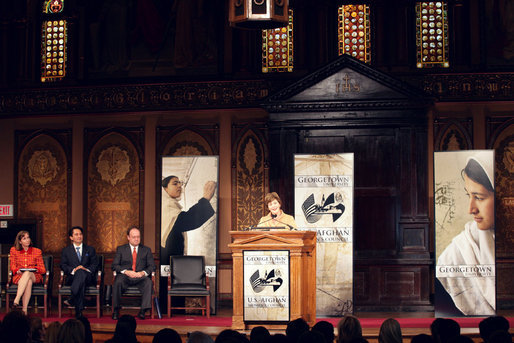 Mrs. Laura Bush delivers remarks Monday, December 4, 2006, during a program at Georgetown University in Washington, DC, to announce the partnership of the U.S.-Afghan Women’s Council with Georgetown University. Also joining Mrs. Bush are, from left, Paula Dobriansky, Under Secretary of State for Democracy and Global Affairs, U.S. Department of State, Ambassador Said Jawad, Afghan Ambassador to the U.S., and Dr. Jack DeGioia, President, Georgetown University. Formed in 2002, the U.S.-Afghan Women’s Council's purpose is to mobilize private sector resources to advance and empower Afghan women while enabling them to have unique training and educational opportunities and a chance to form networking and mentoring relationships in the West. White House photo by Shealah Craighead