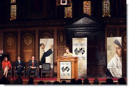 Mrs. Laura Bush delivers remarks Monday, December 4, 2006, during a program at Georgetown University in Washington, DC, to announce the partnership of the U.S.-Afghan Women’s Council with Georgetown University. Also joining Mrs. Bush are, from left, Paula Dobriansky, Under Secretary of State for Democracy and Global Affairs, U.S. Department of State, Ambassador Said Jawad, Afghan Ambassador to the U.S., and Dr. Jack DeGioia, President, Georgetown University. Formed in 2002, the U.S.-Afghan Women’s Council's purpose is to mobilize private sector resources to advance and empower Afghan women while enabling them to have unique training and educational opportunities and a chance to form networking and mentoring relationships in the West.  White House photo by Shealah Craighead