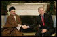 President George W. Bush welcomes Sayyed Abdul-Aziz Al-Hakim, Leader of the Supreme Council for the Islamic Revolution in Iraq, to the White House Monday, Dec. 4, 2006. Said the President, "I appreciate so very much His Eminence's commitment to a unity government. I assured him the United States supports his work and the work of the Prime Minister to unify the country." White House photo by Eric Draper