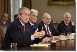 President George W. Bush addresses the press during a meeting with members of Congress about the Iraq Study Group Report and his recent foreign trips in the Cabinet Room Wednesday, Dec. 6, 2006. "Not all of us around the table agree with every idea, but we do agree that it shows that bipartisan consensus on important issues is possible," said the President. "It's really important for the American people to know that there are people of goodwill here in town willing to set aside politics and focus on the security of this country and the peace of the world." White House photo by Eric Draper