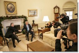 President George W. Bush meets with Prime Minister Tony Blair of the United Kingdom in the Oval Office Thursday, Dec. 7, 2006. After the meeting, the two leaders participated in a joint news conference to discuss the war on terror. White House photo by Eric Draper