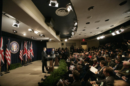 President George W. Bush and British Prime Minister Tony Blair participate in a joint news conference, Thursday, Dec. 7, 2006, in the Dwight D. Eisenhower Executive Office Building. President Bush stated, "We agree that victory in Iraq is important; it's important for the Iraqi people, it's important for the security of the United States and Great Britain, and it's important for the civilized world. We agree that an Iraq that can govern itself, defend itself and sustain itself as an ally on the war on terror is a noble goal." White House photo by Eric Draper