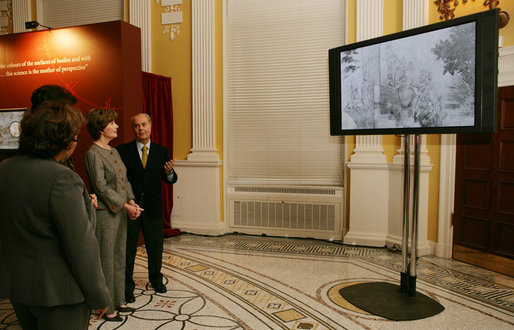 Mrs. Laura Bush is shown a video presentation on the preservation and study of Leonardo Da Vinci’s drawing and painting of The Adoration of the Magi, Thursday, Dec. 7, 2006 at the Library of Congress in Washington, D.C., by professor Paolo Galluzzi, the director of the National Museum of History of Science in Florence, Italy. White House photo by Shealah Craighead