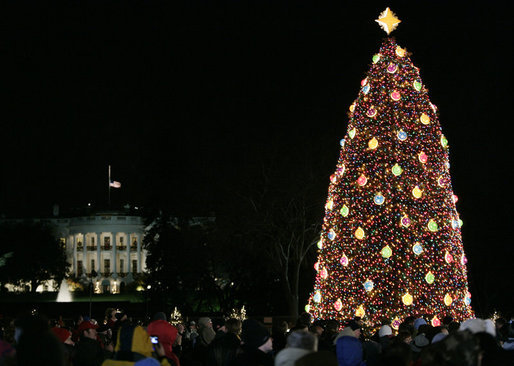 Crowds on the Ellipse in Washington, D.C., watch the annual lighting of the National Christmas Tree, attended by President George W. Bush and Laura Bush, Thursday evening, Dec. 7, 2006, during the 2006 Christmas Pageant of Peace. White House photo by Paul Morse