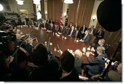 President George W. Bush meets with the Bicameral Congressional leadership in the Cabinet Room Friday, Dec. 8, 2006. "I assured the leaders that the White House door will be open when the new Congress shows up. And I think we ought to meet on a regular basis; I believe there's consensus for that," said the President in a statement to the press.  White House photo by Eric Draper