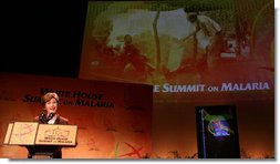 Mrs. Laura Bush addresses her remarks at the first-ever White House Summit on Malaria, Thursday, Dec. 14, 2006, at the National Geographic Society in Washington, D.C. The President’s Malaria Initiative, a five-year $1.2 billion program to eradicate malaria in 15 countries, announced at the summit that it will launch a further $30 million Malaria Communities Program to build independent, sustainable malaria-control projects in Africa. White House photo by Shealah Craighead