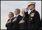 President George W. Bush, Vice President Dick Cheney and Joint Chiefs of Staff Chairman, General Peter Pace, stand with outgoing Secretary of Defense Donald Rumsfeld, left, during an Armed Forces Full Honor Review in the Secretary's honor at the Pentagon Friday, Dec. 15, 2006. White House photo by Eric Draper