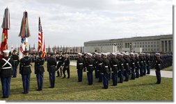 Secretary of Defense Donald Rumsfeld reviews the troops Friday, Dec. 15, 2006, during an Armed Forces Full Honor Review in his honor at the Pentagon. The Secretary, who has served since 2001, told the audience that he will remember "all those courageous folks that I have met deployed in the field; those in the military hospitals that we visited; and I will remember the fallen, and I will particularly remember their families from whom I have drawn inspiration."  White House photo by Paul Morse