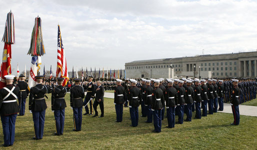 Secretary of Defense Donald Rumsfeld reviews the troops Friday, Dec. 15, 2006, during an Armed Forces Full Honor Review in his honor at the Pentagon. The Secretary, who has served since 2001, told the audience that he will remember "all those courageous folks that I have met deployed in the field; those in the military hospitals that we visited; and I will remember the fallen, and I will particularly remember their families from whom I have drawn inspiration." White House photo by Paul Morse