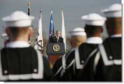 President George W. Bush addresses the troops during an Armed Forces Full Honor Review at the Pentagon Friday, Dec. 15, 2006, in honor of outgoing Secretary of Defense Donald Rumsfeld, who served since 2001, telling the audience that Secretary Rumsfeld is "one of America's most skilled, energetic and dedicated public servants."  White House photo by Paul Morse