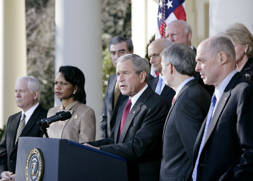 President George W. Bush addresses reporters as he stands with members of his Cabinet in the Rose Garden at the White House, Wednesday, Jan. 3, 2007, following the first Cabinet meeting of 2007. White House photo by Eric Draper