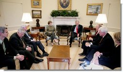 President George W. Bush and Mrs. Laura Bush meet with bicameral and bipartisan members of Congress, Senator Edward M. Kennedy of Massachusetts, left; Senator Mike Enzi of Wyoming, left-center; Congressman Buck McKeon of California, right-front; Congressman George Miller of California, right-center, and U.S. Secretary of Education Margaret Spellings, right, in the Oval Office, Monday, Jan. 8, 2007, marking the fifth anniversary of No Child Left Behind.  White House photo by Paul Morse