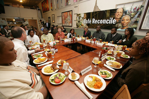 Mrs. Laura Bush meets with teenagers and staff during a lunch and roundtable discussion at the Cafe Reconcile, Tuesday, Jan. 9, 2007, in New Orleans, Louisiana, a program offering teens life skills and a working education to help them successfully enter the workforce and become productive adults. White House photo by Shealah Craighead