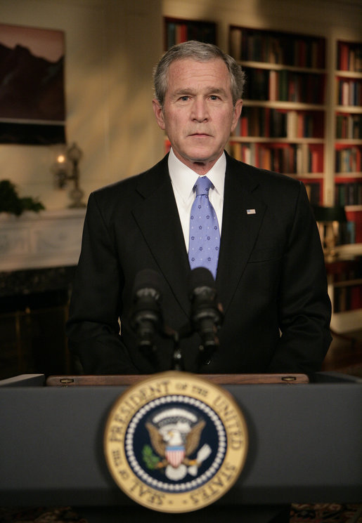 President George W. Bush concludes his address to the nation Wednesday evening, Jan. 10, 2007, from the White House Library, where President Bush outlined a new strategy on Iraq. White House photo by Eric Draper