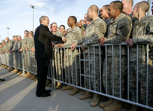 President George W. Bush shakes hands with U.S. Army soldiers as he prepares to depart Fort Benning, Ga., Thursday, Jan. 11, 2007. White House photo by Eric Draper