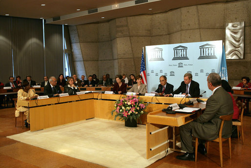 Mrs. Laura Bush, who serves as an Honorary Ambassador to the United Nations Decade of Literacy, participates in a UNESCO roundtable discussion while visiting Paris Monday, Jan. 15, 2007. White House photo by Shealah Craighead