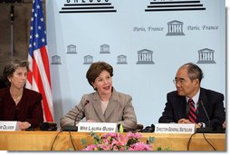 Mrs. Laura Bush, who serves as an Honorary Ambassador to the United Nations Decade of Literacy, addresses UNESCO participants during a roundtable discussion while visiting Paris Monday, Jan. 15, 2007. Following the White House Conference on Global Literacy held in September 2006, UNESCO is hosting upcoming regional literacy conferences in Qatar, Costa Rica, Azerbaijan and Asia. White House photo by Shealah Craighead