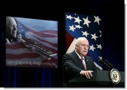 Vice President Dick Cheney delivers remarks at the naming ceremony for the new U.S. Navy aircraft carrier, USS Gerald R. Ford, at the Pentagon in Washington, D.C., Tuesday, Jan. 16, 2007. "If the purpose of naming an aircraft carrier is to convey the confident spirit of our military, and the good and just causes that America serves in the world, then we have certainly accomplished that purpose here today," said the Vice President. "The name Gerald R. Ford belonged to a man who gave a lifetime of devoted service to our country, reflecting honor on the United States Navy, on the House of Representatives, on the Vice Presidency, and on the Presidency." White House photo by Paul Morse