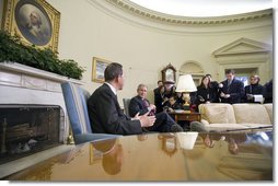 President George W. Bush and U.N. Secretary-General Ban Ki-Moon meet with the press in the Oval Office Tuesday, Jan. 16, 2007. White House photo by Eric Draper