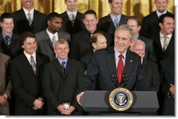 President George W. Bush talks about the 2006 World Series Champions, The St. Louis Cardinals, in the East Room Tuesday, Jan. 16, 2007. “They say in baseball in order to become the World Series champ, you can't have losing streaks of over two or three games.,” said the President. “This club had losing streaks of -- one eight-game losing streak; another eight-game losing streak; and a seven-game losing streak -- which really speaks to the character of the baseball team, doesn't it?”  White House photo by Paul Morse