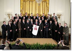 President George W. Bush stands with the 2006 World Series Champions, The St. Louis Cardinals, in the East Room Tuesday, Jan. 16, 2007. White House photo by Paul Morse