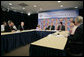 President George W. Bush speaks during a roundtable on cancer prevention at the National Institutes of Health in Bethesda, Md., Wednesday, Jan. 17, 2007. Participants include, from left: Secretary of Health and Human Services Mike Leavitt, NIH Director Dr. John Niederhuber, M.D., Dr. Grace Butler, PhD., NIH Director Dr. Elias Zerhouni, Becky Fisher, and Dr. Francis Collins, M.D., Ph.D. White House photo by Eric Draper