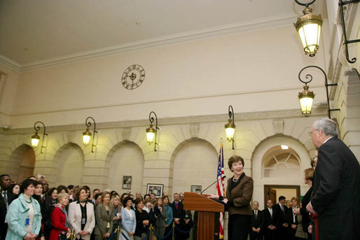 Mrs. Laura Bush speaks Wednesday, Jan. 17, 2007 during a U.S. Tri-Missions greeting at the United States Embassy in Paris. On stage with Mrs. Bush are: Ambassador and Mrs. Craig Stapleton, Ambassador Louise Oliver, and Ambassador Connie Morella. White House photo by Shealah Craighead