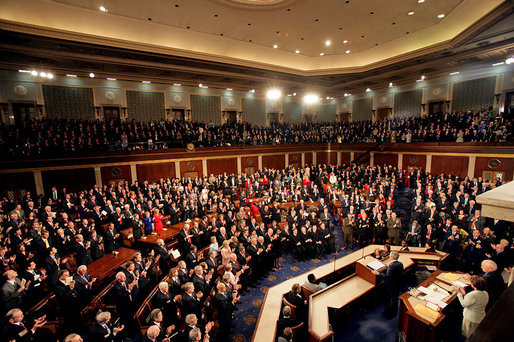 President George W. Bush is applauded as he delivers his State of the Union Address Tuesday, Jan. 23, 2007, at the U.S. Capitol. "We need to uphold the great tradition of the melting pot that welcomes and assimilates new arrivals," said the President. "We need to resolve the status of the illegal immigrants who are already in our country without animosity and without amnesty." White House photo by Shealah Craighead