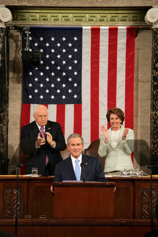 President George W. Bush receives applause while delivering the State of the Union address at the U.S. Capitol, Tuesday, Jan. 23, 2007. Also pictured are Vice President Dick Cheney and Speaker of the House Nancy Pelosi. White House photo by David Bohrer